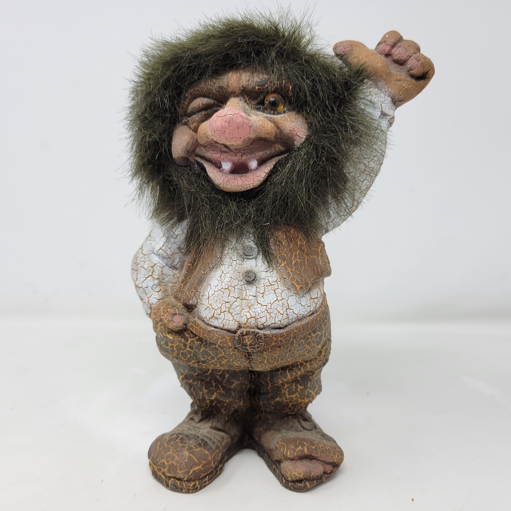 Vintage Nyform Norway Troll Figurine Winking Faux Fur Hair Folk Art Sculpture